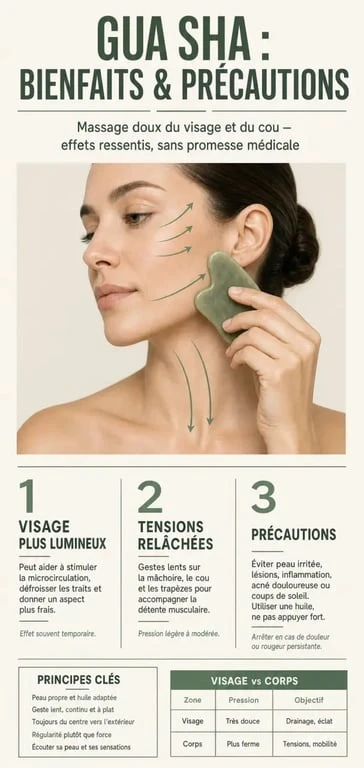 Gua sha bienfaits : visuel de synthèse sur les effets, les gestes et les précautions