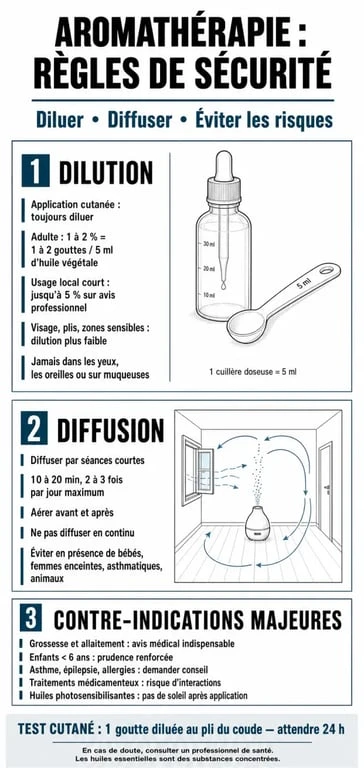 Infographie sur les règles de sécurité et comment utiliser une huile essentielle en toute sécurité