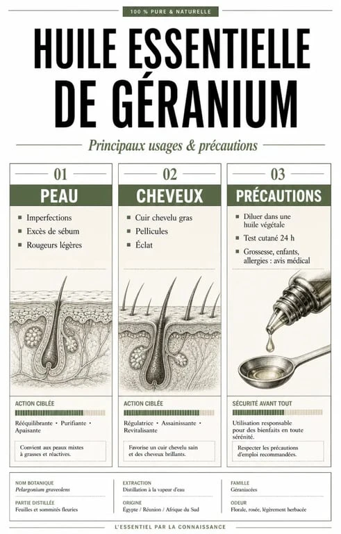 Huile essentielle géranium bienfaits : infographie sur les usages pour la peau, les cheveux et les précautions d'emploi