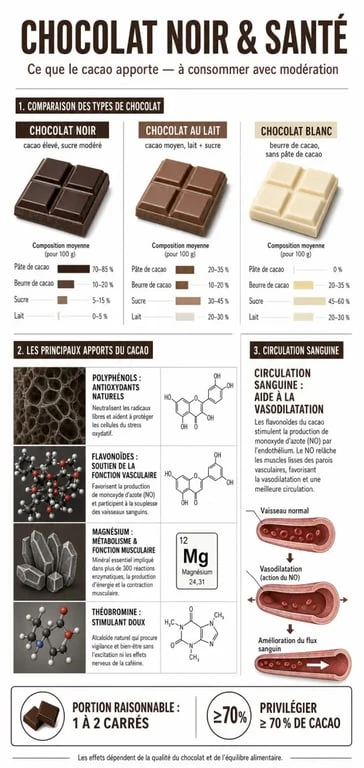 Infographie sur le chocolat bon pour la santé, avec comparaison entre chocolat noir, lait et blanc