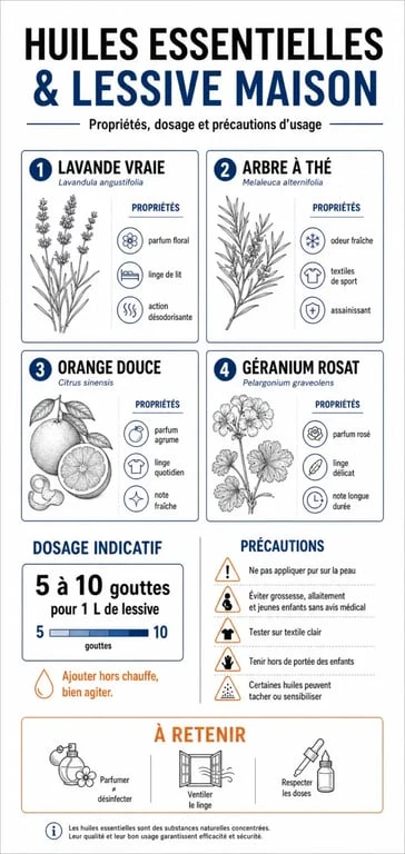 Infographie récapitulative des huiles essentielles pour lessive maison : propriétés et précautions d'usage