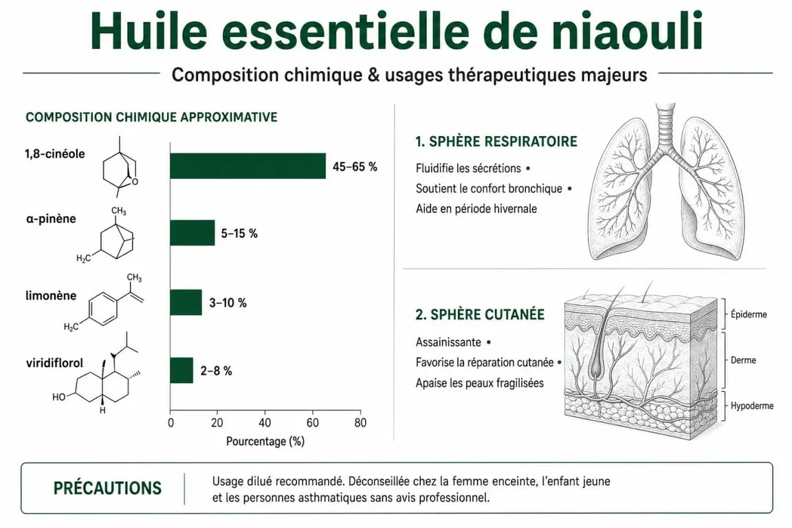 Infographie des bienfaits et propriétés de l'huile essentielle de niaouli pour la santé