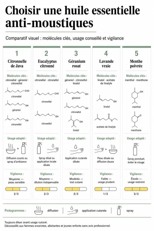 Quelle huile essentielle contre les moustiques : comparaison visuelle des huiles essentielles les plus utiles et de leurs modes d’utilisation