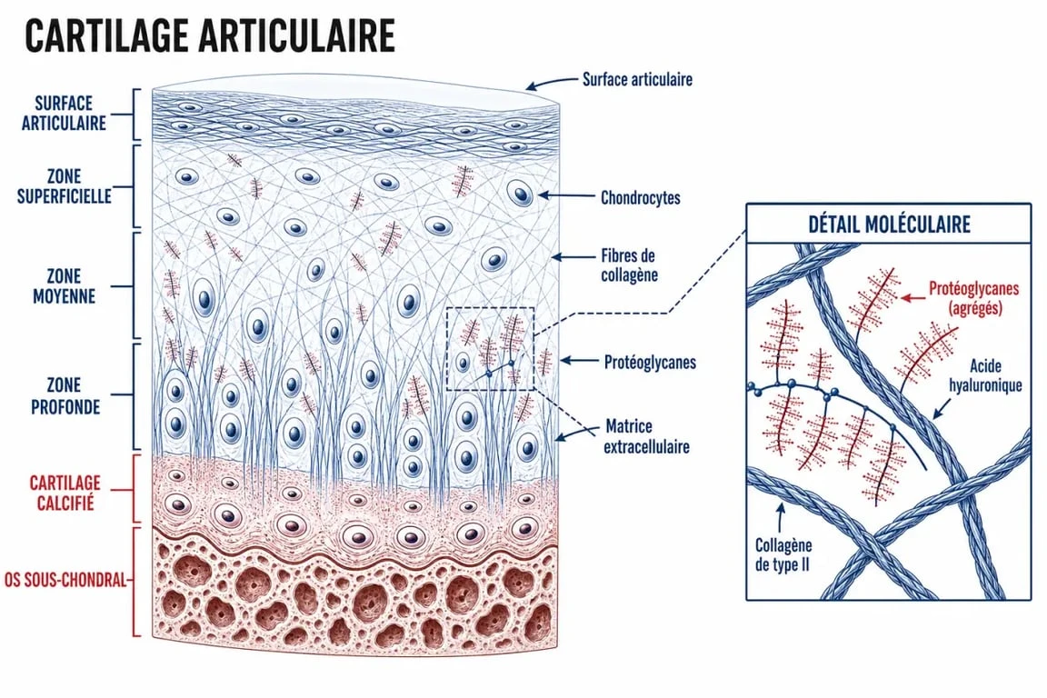 Schéma explicatif de la structure du cartilage articulaire pour comprendre l'action des médicaments pour les articulations et le cartilage