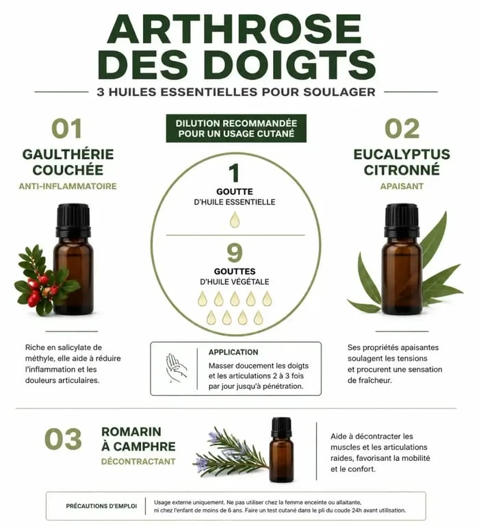 Infographie sur les huiles essentielles pour l'arthrose des doigts et conseils de dilution