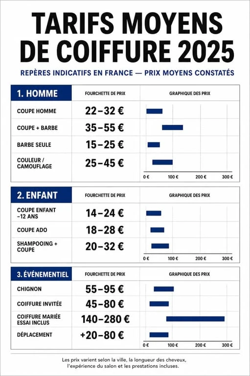 Infographie des tarifs coiffure 2025 : comparaison des prix moyens en salon et événementiel.