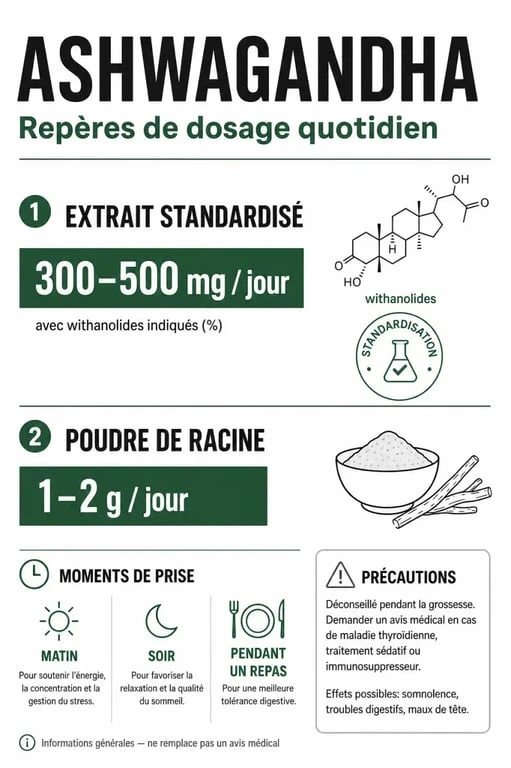 Ashwagandha dosage par jour : dosages quotidiens selon la forme, le moment de prise et les précautions
