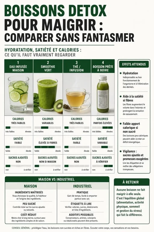Comparatif des boissons detox pour maigrir entre recette maison, smoothie, thé et boisson prête à boire