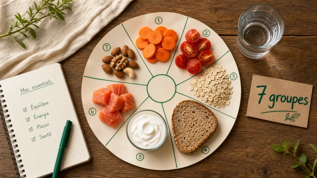 Tableau des 7 groupes d’aliments : exemples, nutriments clés et repères pour équilibrer ses repas