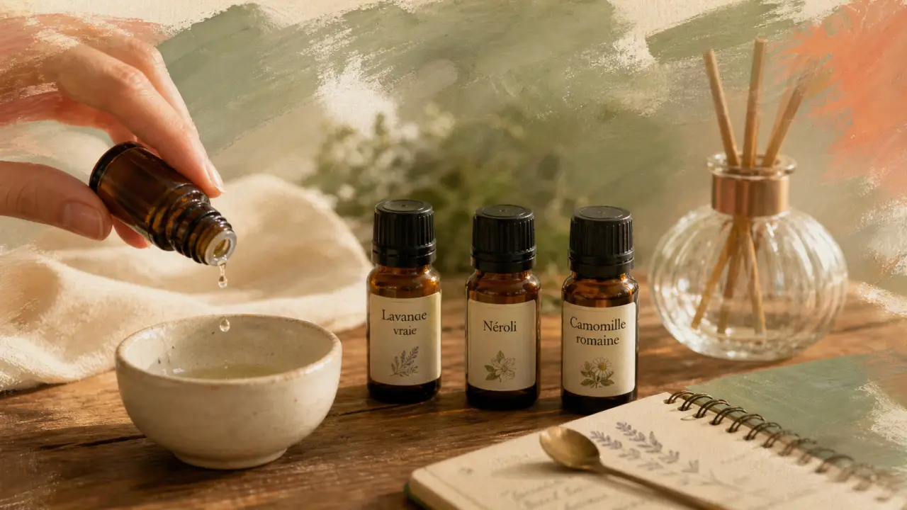 Quelle huile essentielle pour le stress et l'anxiété : lavande, néroli et camomille dans un bol