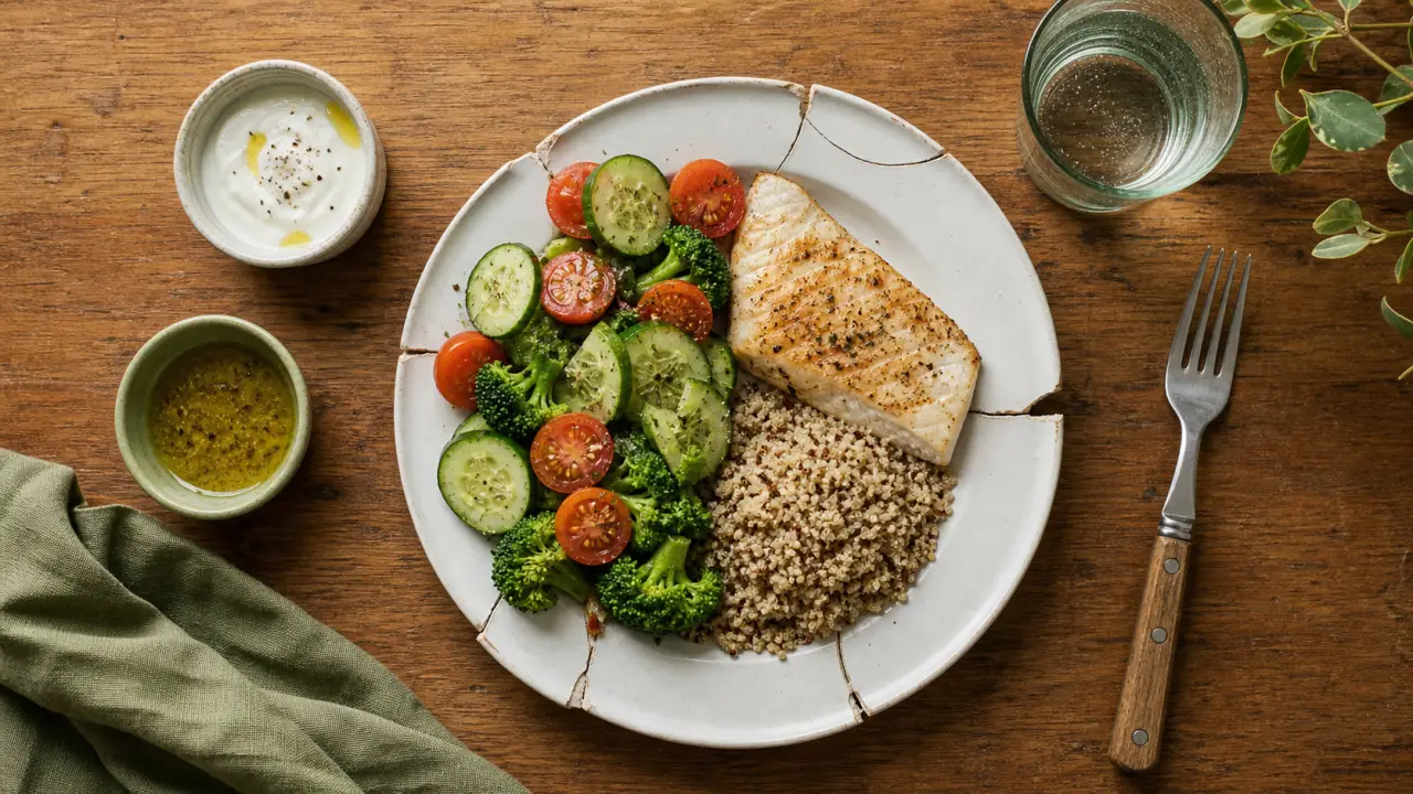 Quoi manger en regime : assiette protéines et fibres, légumes et féculents