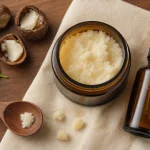 Beurre de karité utilisation : pot en verre, noix et texture pour peau, cheveux et lèvres