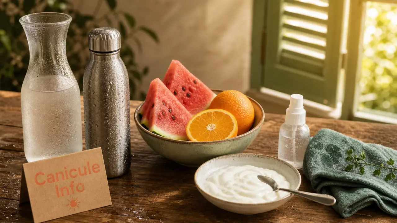 Que faire pendant la canicule : boire, rafraîchir, protéger les fragiles. Carafe, fruits et brumisateur.