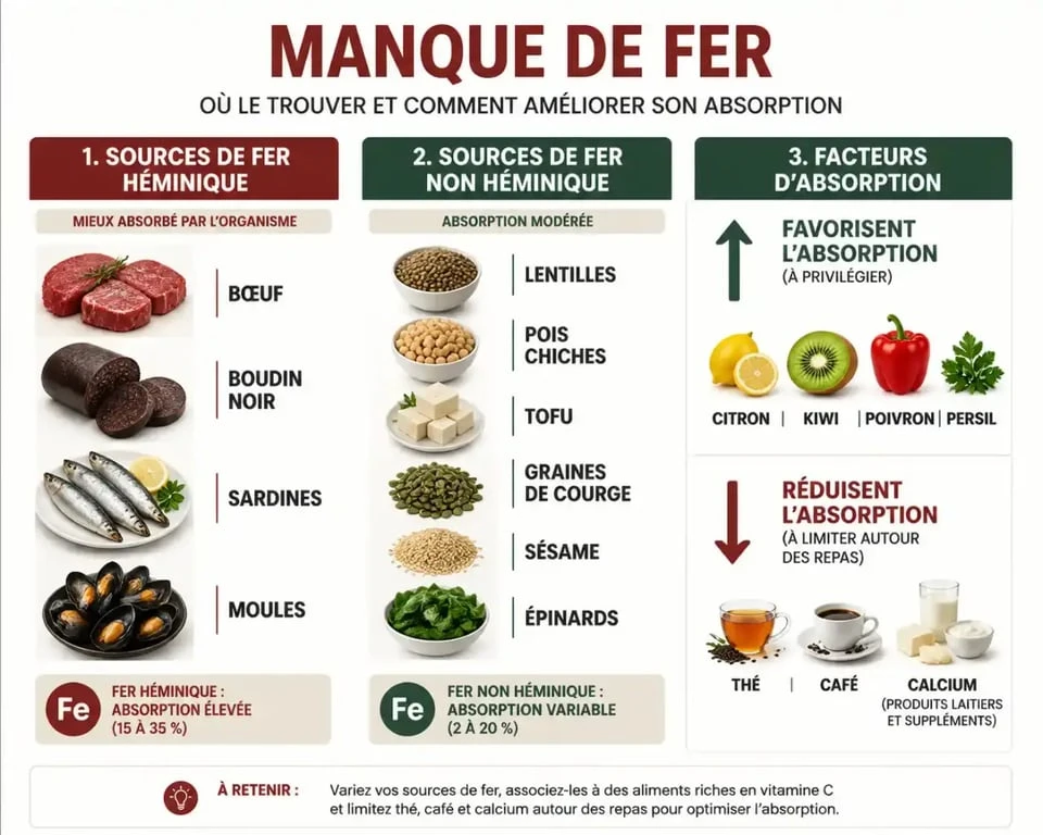 aliment pour manque de fer : infographie des sources de fer héminique et non héminique et des facteurs d’absorption