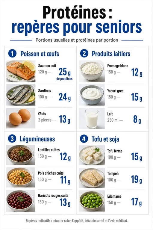 Aliments riches en proteines pour personnes âgées : portions, repères et exemples adaptés aux seniors