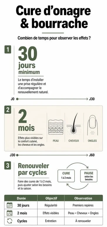 Infographie sur la cure onagre bourrache combien de temps avec repères 30 jours et 2 mois