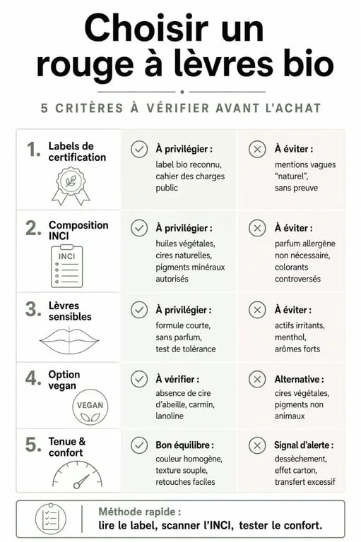 Infographie pour choisir un rouge à lèvres bio selon les labels, la composition, la tolérance et l’option vegan