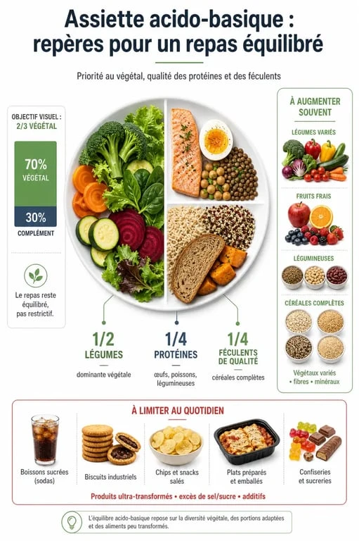 Aliment acide ou basique : tableau visuel et assiette équilibrée pour mieux répartir les aliments