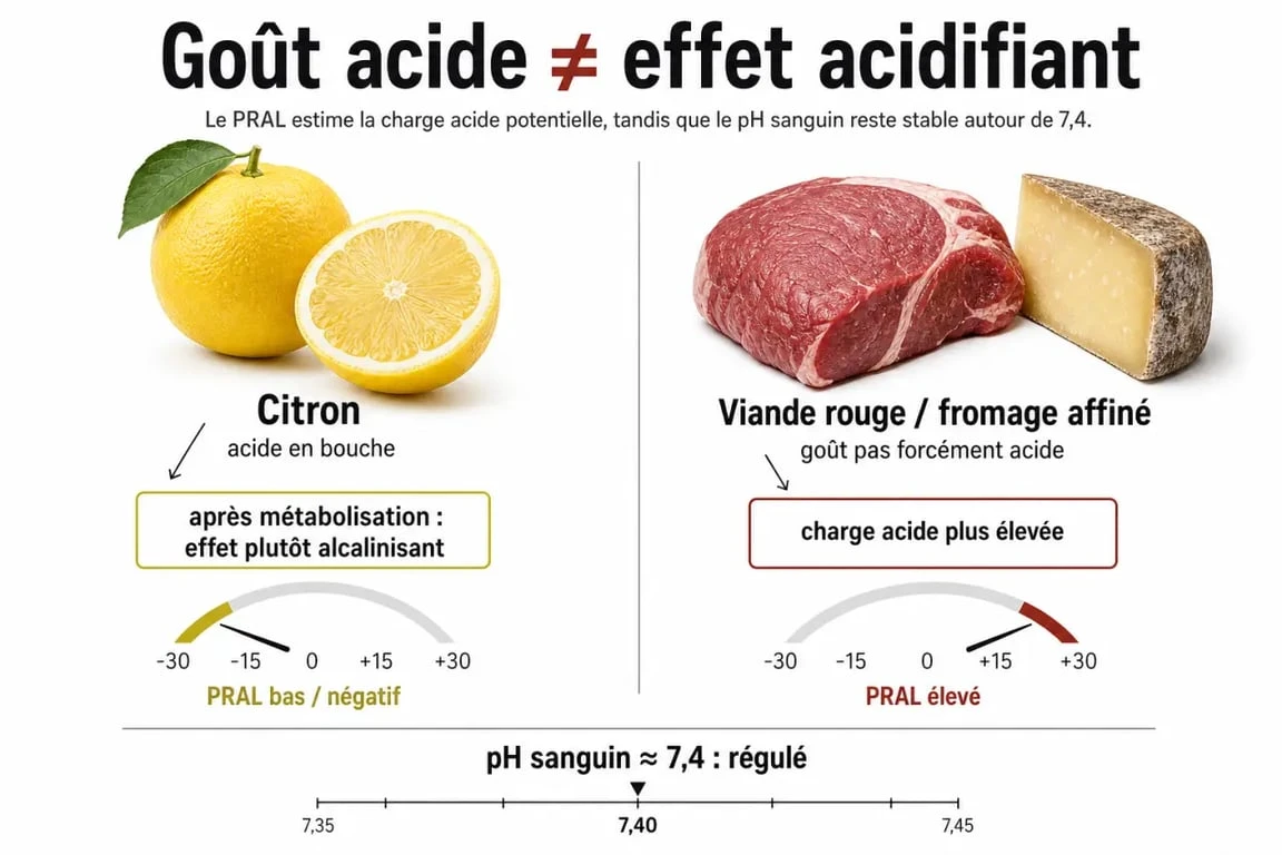 Aliment acide ou basique : schéma comparant le goût acide et l’effet sur l’organisme