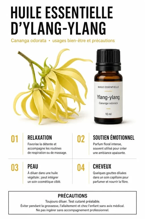 Infographie sur l’huile essentielle ylang ylang bienfaits, usages et précautions
