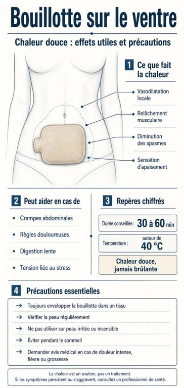 Bouillotte sur le ventre bienfaits : schéma des usages, de la température et des précautions