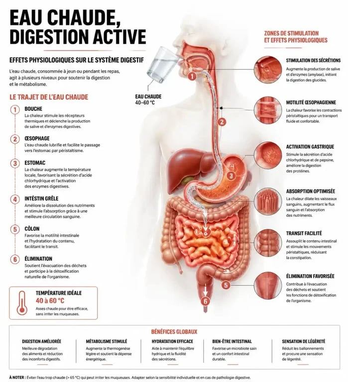 Infographie sur les bienfaits de boire de l'eau chaude le matin pour la digestion