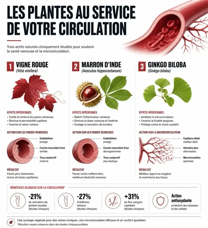 Infographie des meilleurs compléments alimentaires pour la circulation sanguine et leurs bienfaits sur le retour veineux