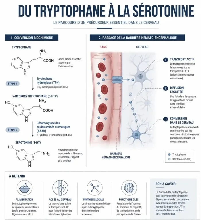 Infographie sur la synthèse de la sérotonine à partir du tryptophane