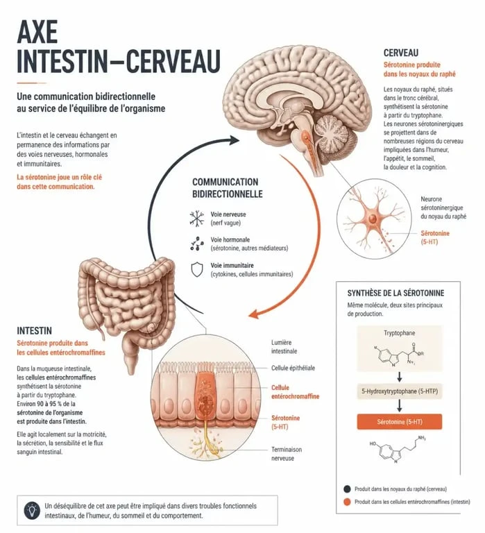 Schéma explicatif de l'axe intestin-cerveau et de la production de sérotonine
