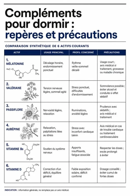 Compléments alimentaires pour dormir : comparatif visuel des actifs mélatonine, plantes et vitamines
