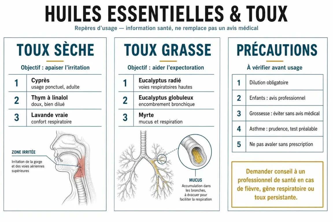 Quel huile essentielle pour la toux : comparaison visuelle des huiles selon toux sèche et toux grasse