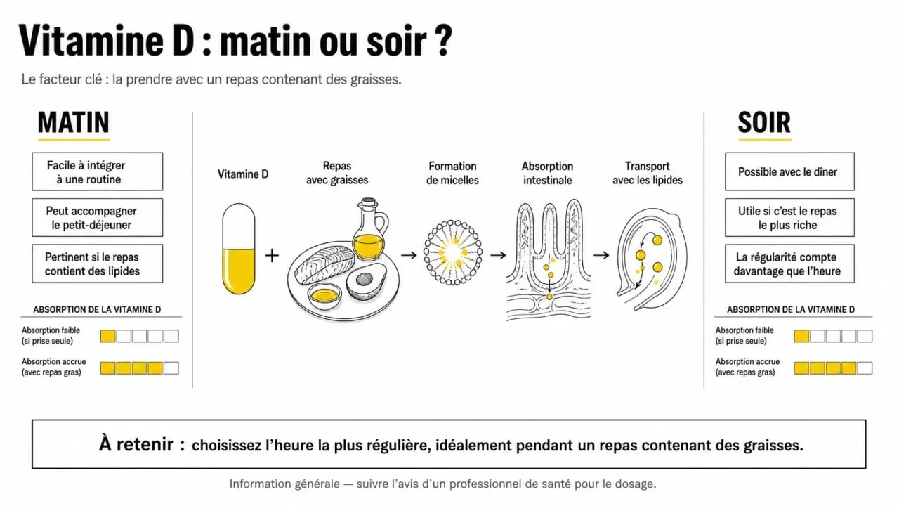 Pourquoi prendre la vitamine D le soir : schéma comparatif matin vs soir et absorption avec un repas contenant des graisses