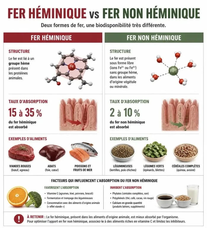 Comparaison fer héminique et non héminique pour une alimentation riche en fer