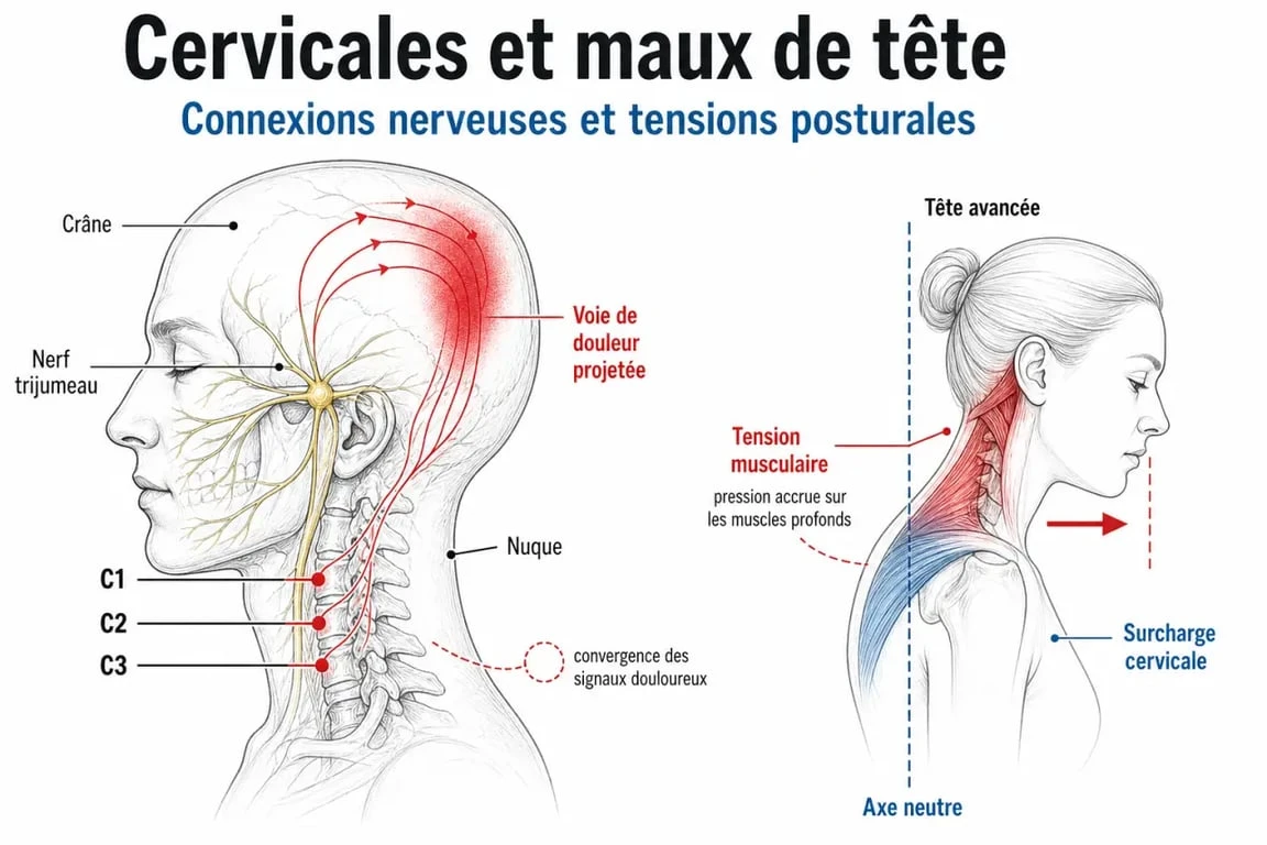 Schéma sur les maux de tete et cervicales montrant le lien entre nuque, vertèbres et douleur projetée vers la tête