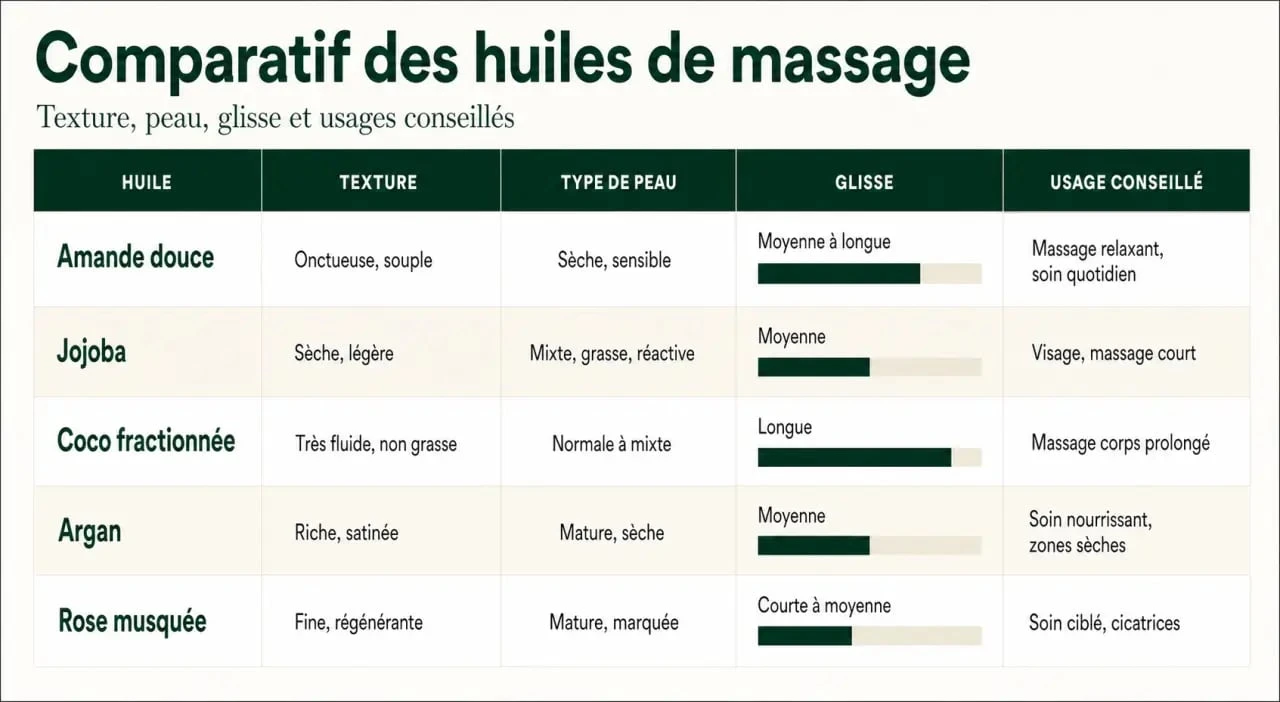 Meilleure huile de massage : comparatif visuel des huiles selon la peau et l’usage
