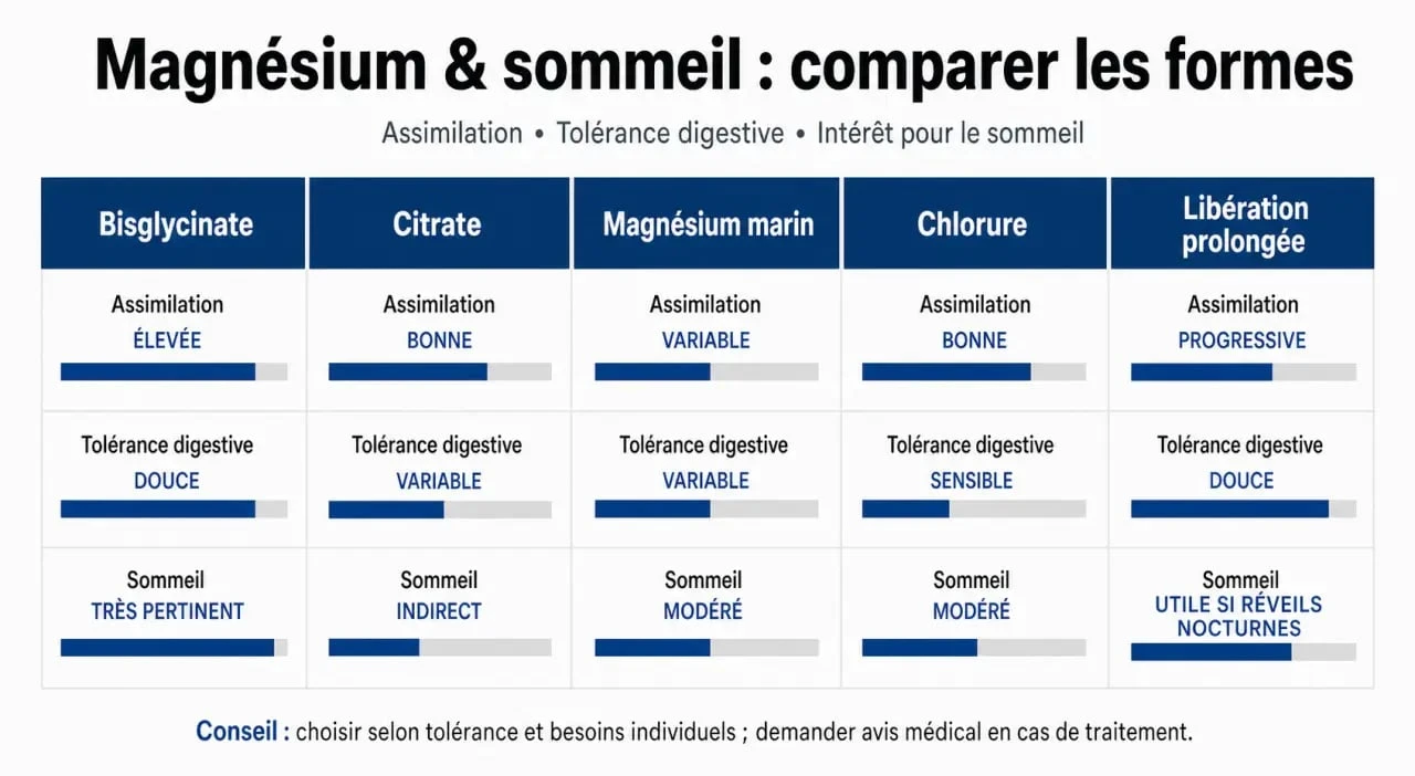 Quel magnesium pour le sommeil : comparaison visuelle des formes de magnésium