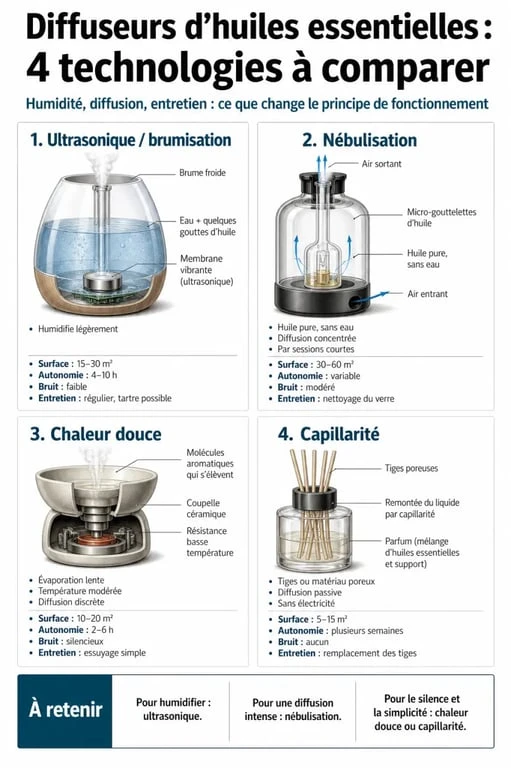 Diffuseur humidificateur huile essentielle : infographie comparative des technologies, de la surface, du bruit et de l’entretien