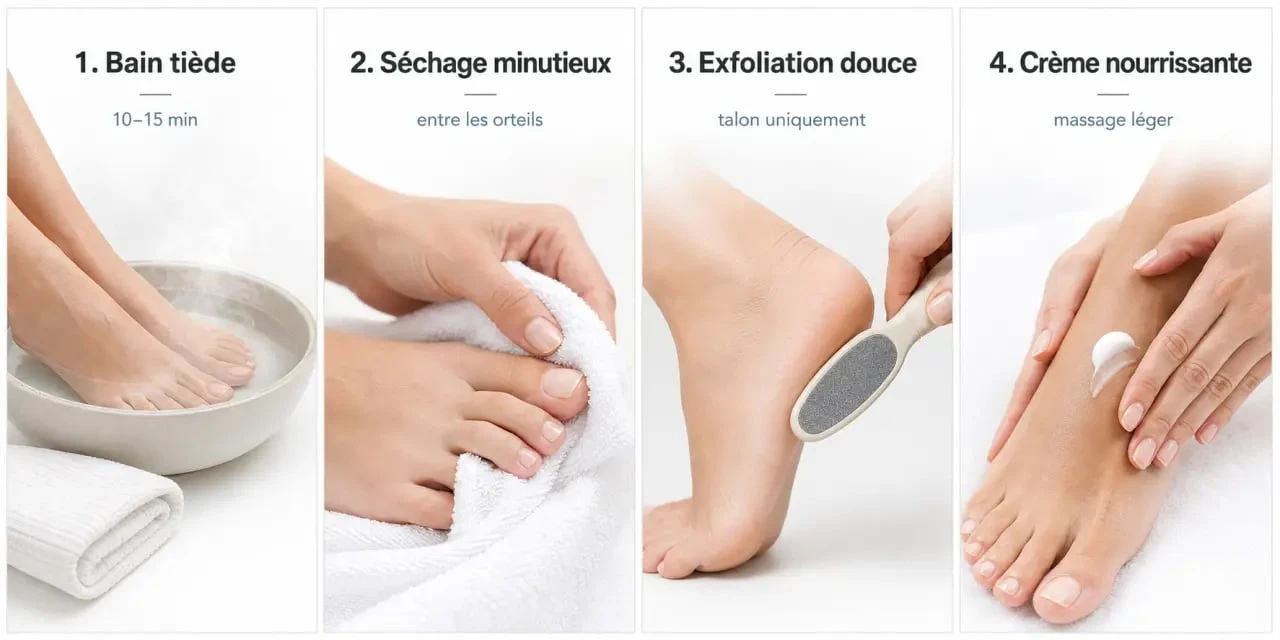 Comment avoir de beaux pieds : routine simple en 4 étapes avec bain tiède, séchage, exfoliation douce et hydratation