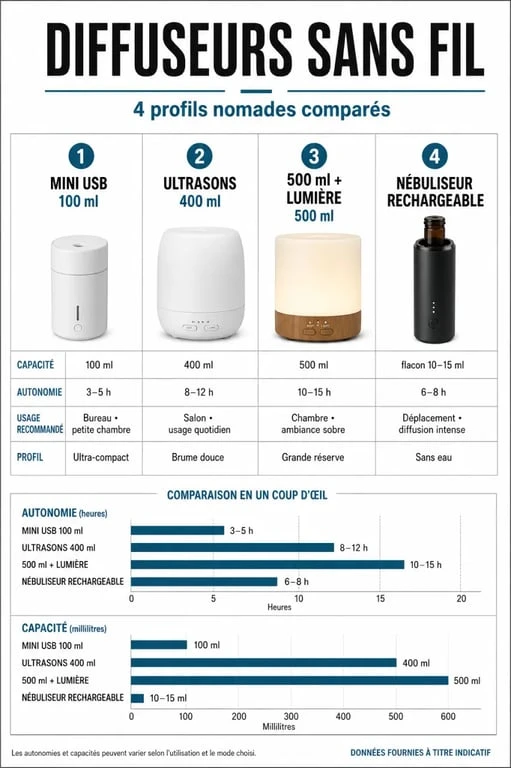Comparatif du meilleur diffuseur huiles essentielles sans fil avec capacités, autonomie et usages