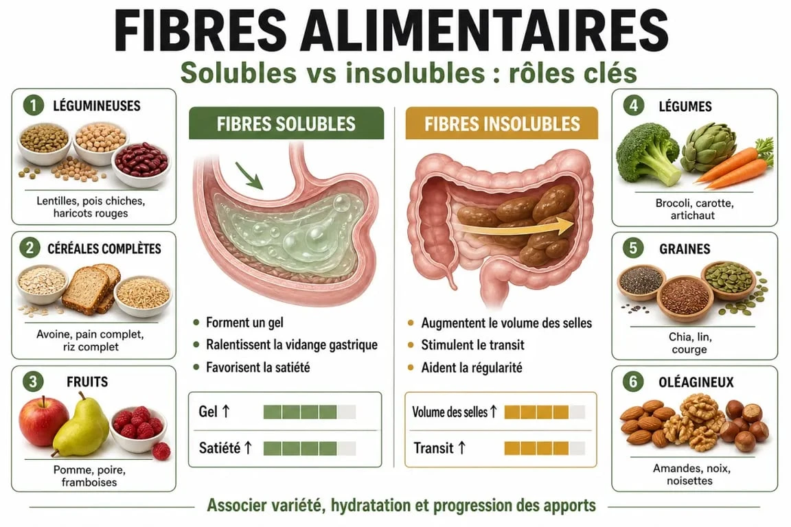 Aliments contenants des fibres : schéma comparatif des fibres solubles et insolubles et des principales sources alimentaires