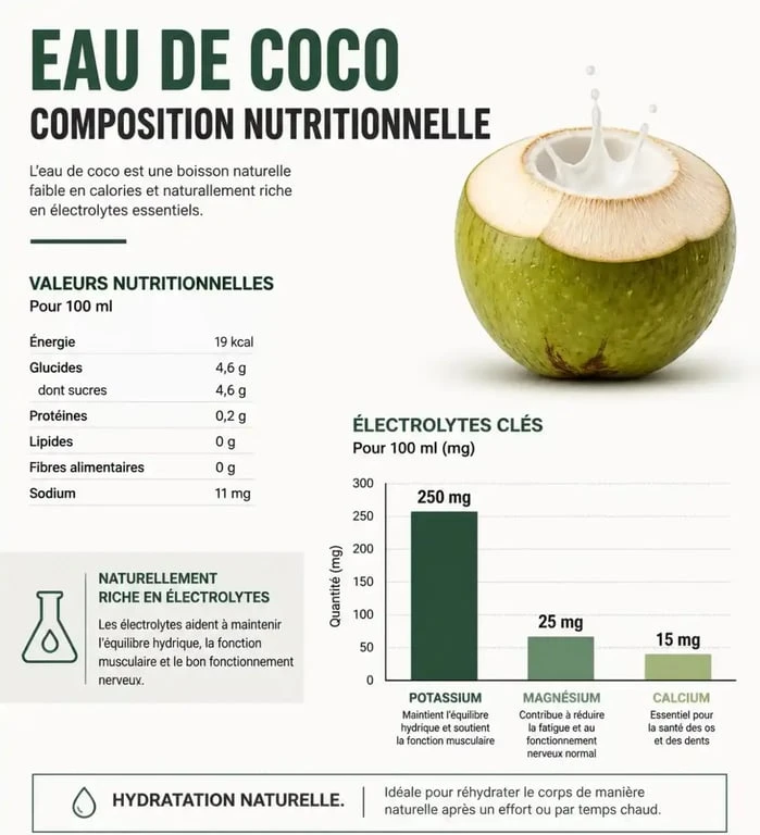 Infographie des bienfaits et composition nutritionnelle de l'eau de coco
