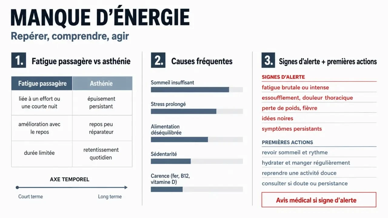 Manque d energie que faire : synthèse visuelle des causes, des signes d’alerte et des premières actions