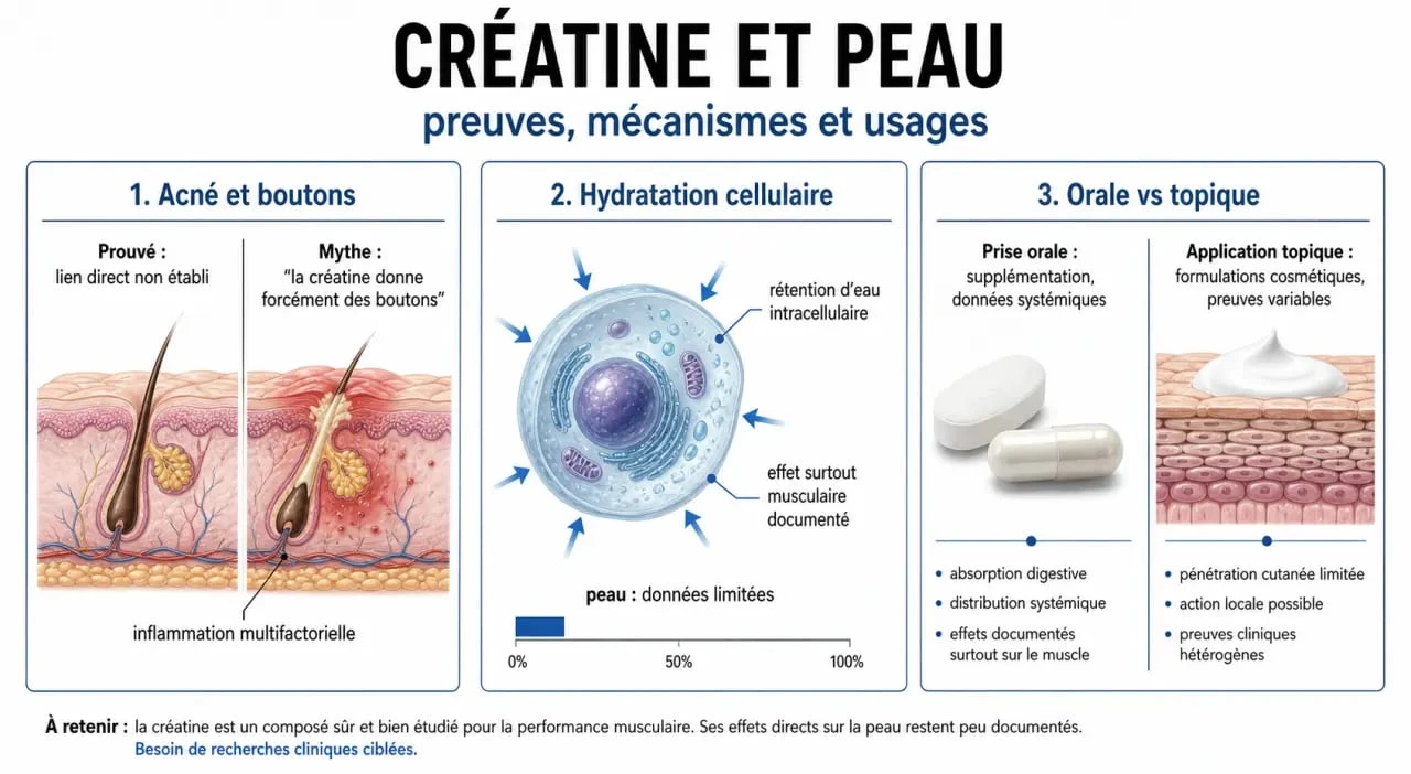 Creatine effet sur la peau : infographie claire sur l’acné, l’hydratation et la rétention d’eau