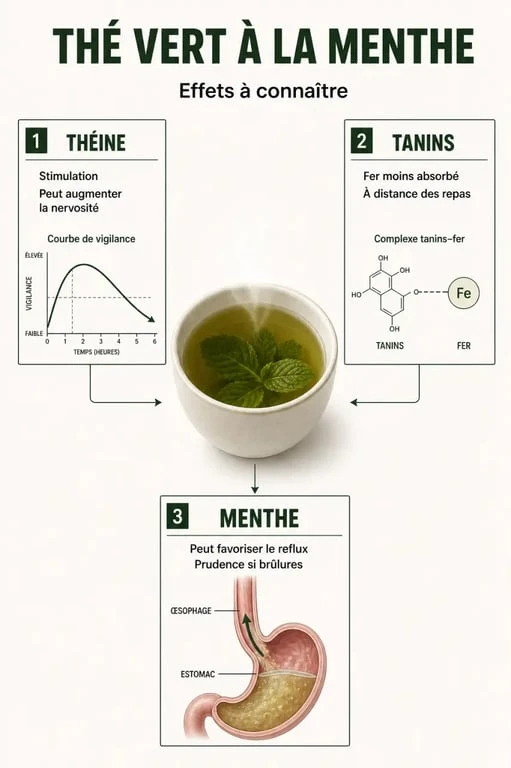 Infographie des effets secondaires du thé vert à la menthe sur la digestion, le sommeil et le fer