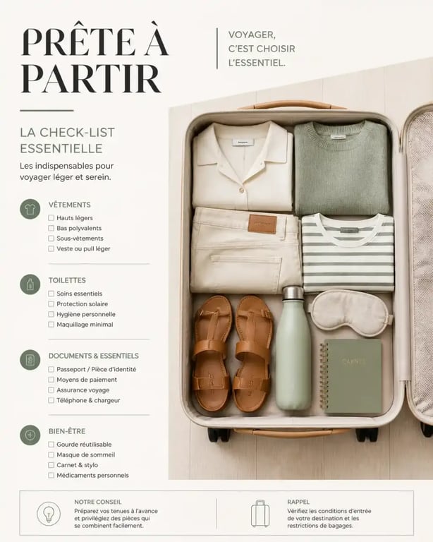 Valise bien-être ouverte et organisée avec une garde-robe capsule minimaliste et des essentiels de voyage