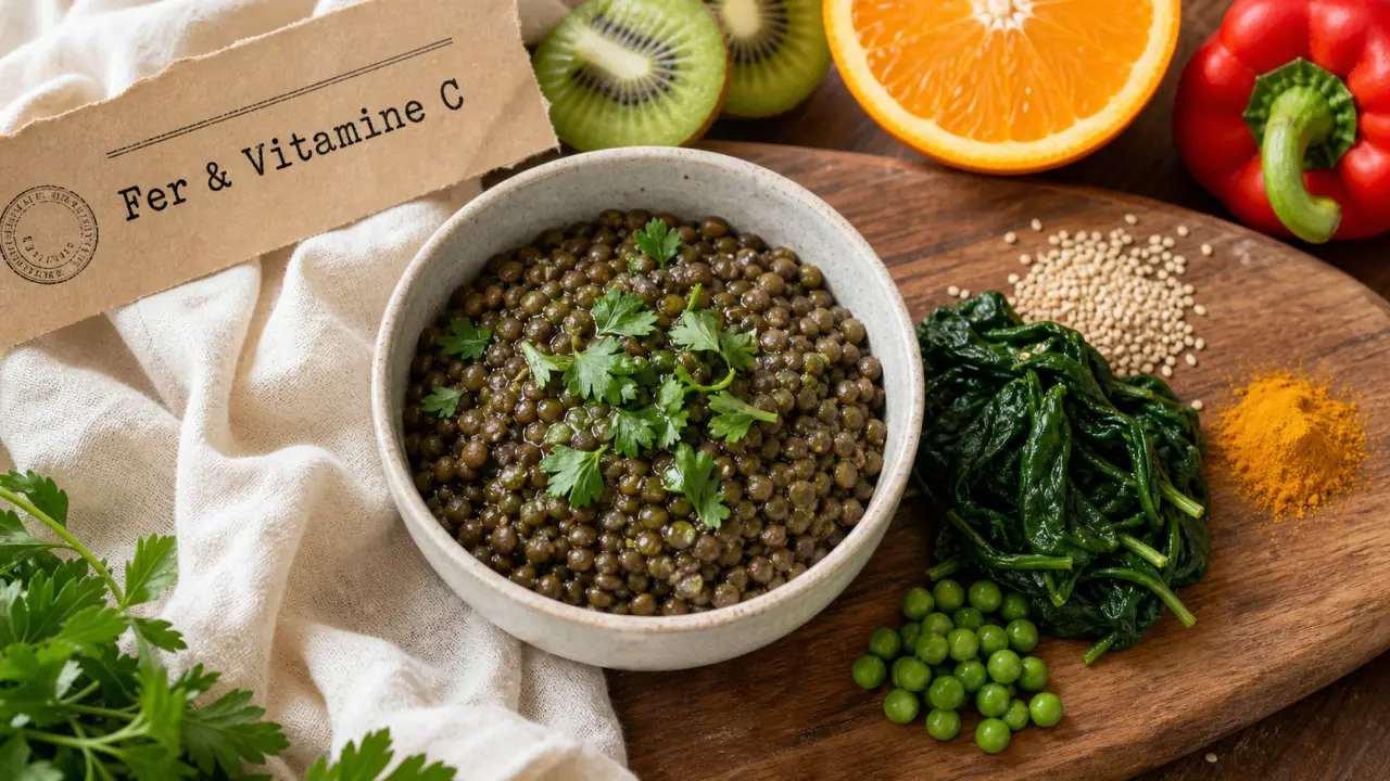 Fruits et legumes riches en fer : lentilles et epinards, avec vitamine C (citron)