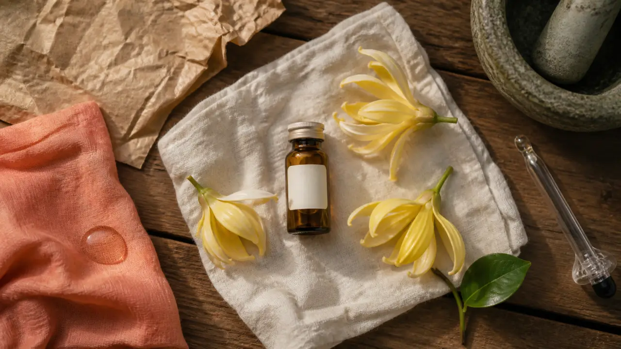 Huile essentielle ylang ylang bienfaits, fleurs et fiole pour calmer le mental
