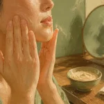 Auto massage visage : mains massant le bas du visage, teint éclatant