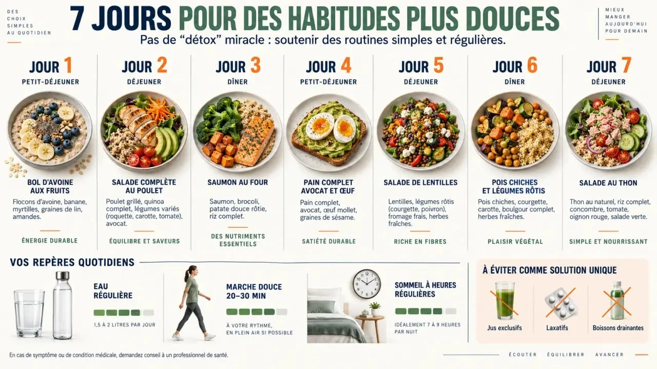 Comment faire une detox douce en 7 jours avec alimentation équilibrée, hydratation, activité douce et sommeil