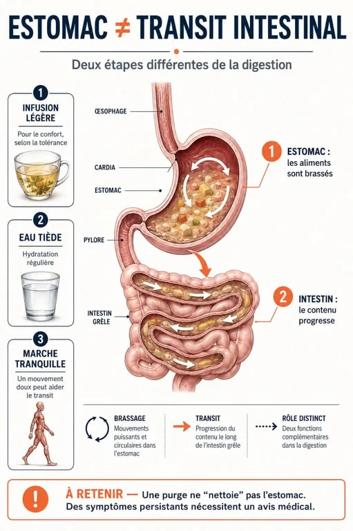 Infographie sur un remède de grand mère pour nettoyer l estomac et les gestes doux pour améliorer le confort digestif